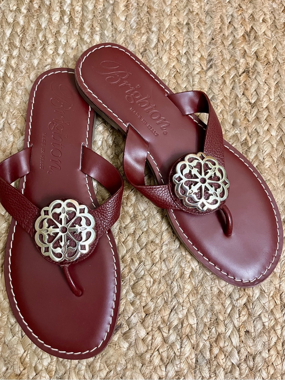 NWT Sz 8 Brighton Maroon Alice Classic Neutrals Leather Sandals Silver Ferrera